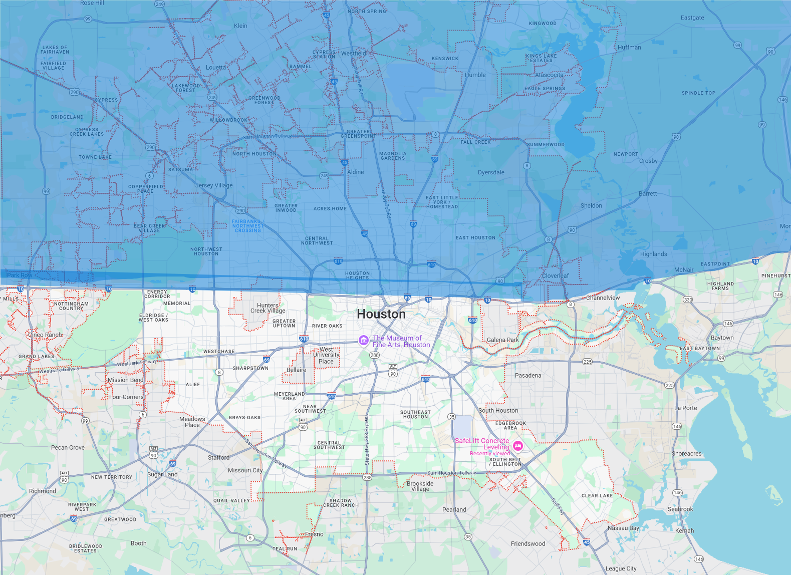 SafeLift concrete leveling service area map showing North Houston coverage including Cypress, The Woodlands, Spring, and Humble